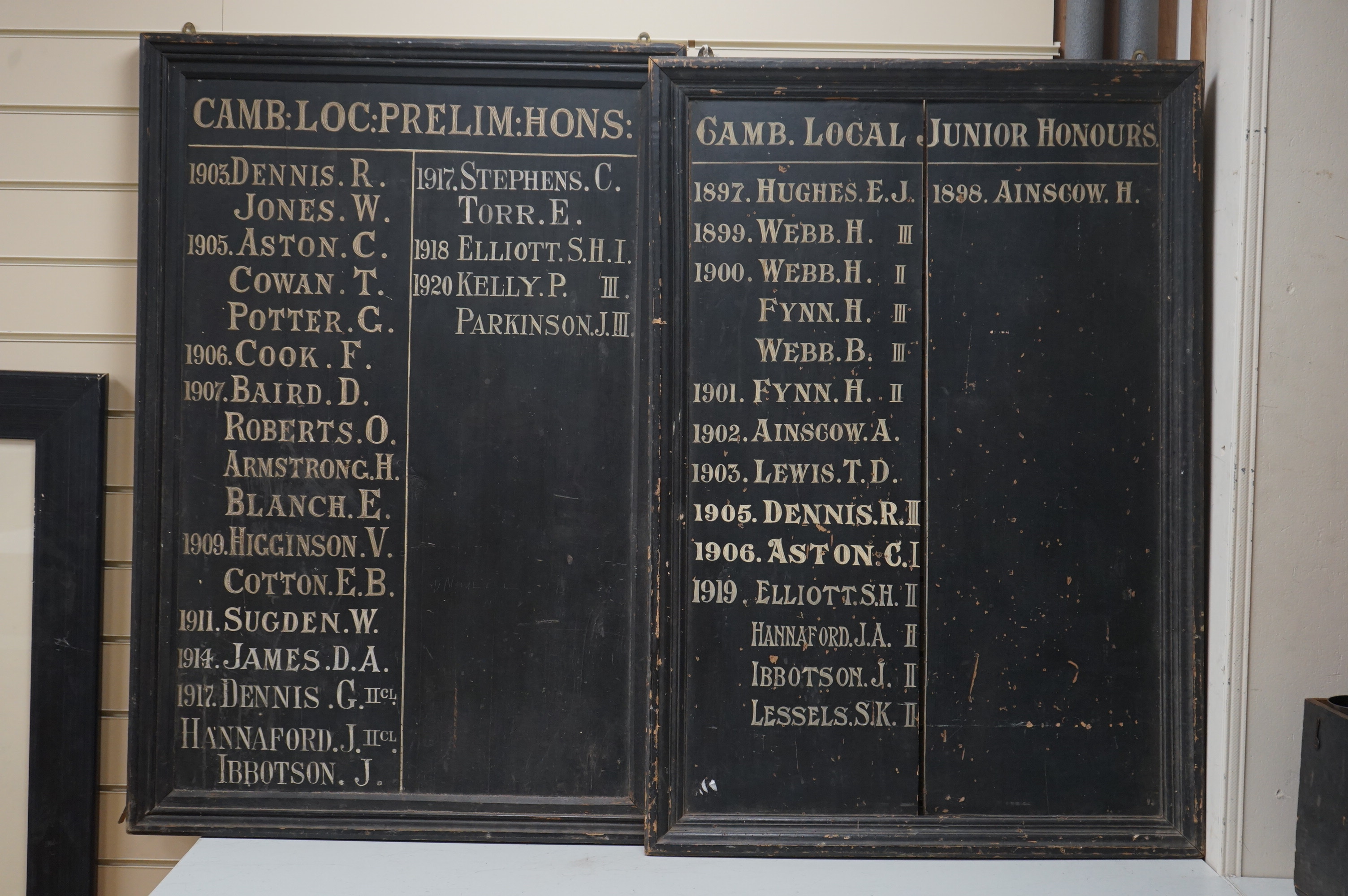 A pair of early to mid 20th century painted ‘Cambridge Local Junior Honours’ boards, 103 x 71cm. Condition - fair to good